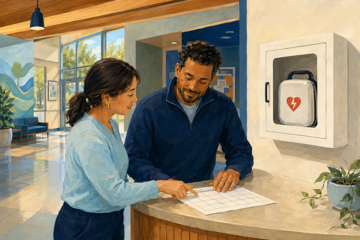 Illustration of colleagues scheduling follow-up beside an AED cabinet
